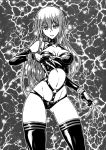  1girl breasts claws fish.boy highres long_hair looking_at_viewer monochrome navel original solo 