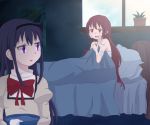  2girls :o akemi_homura bandages bandaid black_hair blush bow embarrassed hairband hand_on_own_chest holding long_hair looking_at_another looking_back mahou_shoujo_madoka_magica multiple_girls plant potted_plant red_eyes redhead sakura_kyouko school_uniform towel under_covers violet_eyes water window 