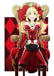  1girl :d blonde_hair boots crown dress earrings green_eyes heart heart_cutout heart_necklace heart_print high_heel_boots high_heels hoshii_miki idolmaster jewelry knee_boots long_hair open_mouth smile solo throne tkhs 