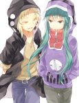  1boy 1girl aina617 blonde_hair green_eyes green_hair hoodie kagerou_project kano_shuuya kido_tsubomi long_hair short_hair white_background yellow_eyes 