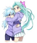  2girls blue_hair blush bow cloudchaser flitter hair_bow hoodie hug long_hair long_sleeves looking_at_viewer megarexetera multiple_girls mutual_hug my_little_pony my_little_pony_friendship_is_magic personification shorts skirt smile violet_eyes white_background white_skirt 
