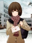  1girl brown_eyes brown_hair letter looking_at_viewer love_letter original rino1104 scarf short_hair snowing solo 