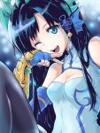  1girl black_hair black_legwear blue_eyes blurry bokeh breasts china_dress chinese_clothes depth_of_field dragon_girl fingerless_gloves gloves hair_ornament hairpin head_fins highres horns ishiyumi karin_(p&amp;d) long_hair one_eye_closed open_mouth puzzle_&amp;_dragons smile wink 