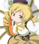  1girl beret blonde_hair breasts corset drill_hair hair_ornament hat large_breasts magical_girl mahou_shoujo_madoka_magica official_style philip_(n1k2-j) pleated_skirt skirt smile solo tomoe_mami yellow_eyes 