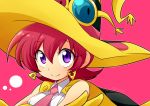  1girl dated earrings feylin hat jewelry looking_at_viewer necktie pink_background redhead short_hair smile solo sunglasses take_no_ko tanken_driland violet_eyes witch_hat 