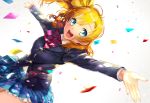  1girl :d blue_eyes buttons confetti hair_ribbon highres kanipanda kousaka_honoka long_hair looking_at_viewer love_live!_school_idol_project open_mouth orange_hair outstretched_arms plaid plaid_skirt ribbon school_uniform side_ponytail skirt smile solo spread_arms 