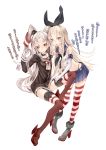  218 amatsukaze_(kantai_collection) anchor blonde_hair brown_eyes elbow_gloves garter_straps gloves hair_ornament kantai_collection long_hair looking_at_viewer personification revision school_uniform shimakaze_(kantai_collection) silver_hair striped striped_legwear thigh-highs translated twintails 
