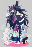  1girl black_hair blue_hair cake cup dangan_ronpa dgrpak food grin headphones headphones_around_neck jacket long_hair mioda_ibuki multicolored_hair musical_note nail_polish piercing pink_eyes pink_hair radio school_uniform serafuku sheet_music skirt smile solo super_dangan_ronpa_2 teacup teeth thighhighs 