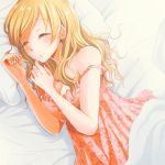  1girl :o alternate_costume bed blanket blonde_hair blush breasts casual closed_eyes large_breasts long_hair lying mahou_shoujo_madoka_magica on_side pillow sleeping solo tomoe_mami 