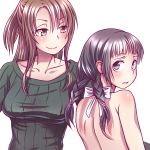  1boy 1girl apron black_hair braid brother_and_sister brown_eyes brown_hair long_hair looking_at_viewer looking_back looking_over_shoulder multiple_girls naked_apron payot ponytail siblings sweater trap twin_braids twintails violet_eyes wokada 