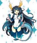  1girl :d black_hair blue_eyes china_dress chinese_clothes dragon_girl dragon_tail elbow_gloves gloves grin head_fins horns karin_(p&amp;d) long_hair open_mouth puzzle_&amp;_dragons shika_deer smile star star-shaped_pupils symbol-shaped_pupils tail thigh-highs 