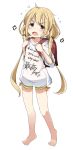 1girl anger_vein angry backpack bag barefoot blonde_hair blush brown_eyes full_body futaba_anzu idolmaster idolmaster_cinderella_girls ixy long_hair looking_at_viewer open_mouth randoseru simple_background solo t-shirt twintails white_background 