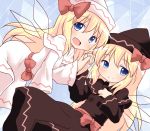  2girls black_dress blonde_hair blue_eyes bow capelet dress dual_persona fairy_wings hat hat_bow holding_hands interlocked_fingers lily_black lily_white long_hair long_sleeves looking_at_viewer multiple_girls natsu_no_koucha open_mouth sash smile touhou very_long_hair white_dress wide_sleeves wings 