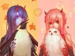  2girls axis04 bird black_nails blue_eyes blue_hair bubble emperor_penguin gloves grey_skin heart holding horns leaf long_hair multiple_girls owl penguin pink_hair pixiv_fantasia pixiv_fantasia_fallen_kings red_eyes red_gloves snowy_owl 