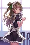  1girl :d blush bow brown_eyes brown_hair hair_bow hair_rings hands_clasped long_hair looking_at_viewer looking_back love_live!_school_idol_project maid minami_kotori momoko_(momopoco) one_side_up open_mouth side smile solo 