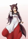  1girl animal_ears blush breasts brown_hair collarbone dress fang fingernails highres imaizumi_kagerou jewelry long_hair looking_at_viewer open_mouth red_eyes solo tail touhou very_long_hair wolf_ears wolf_tail 