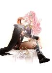  1boy 1girl barefoot boots braid bridal_gauntlets cape covering_mouth fingerless_gloves fire_emblem fire_emblem:_kakusei gaia_(fire_emblem) gloves hand_over_own_mouth headband highres moka_(choco_liliy) olivia_(fire_emblem) open_mouth orange_hair pink_hair ponytail sitting smile 