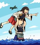  2girls airplane akagi_(kantai_collection) brown_hair carrying carrying_overhead hobbang japanese_clothes kaga_(kantai_collection) kantai_collection long_hair multiple_girls muneate personification pointing short_hair side_ponytail sky water 