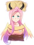  1girl blush feathered_wings fluttershy green_eyes horns long_hair megarexetera my_little_pony my_little_pony_friendship_is_magic paper personification pink_hair solo sweater tied_up white_background wings 