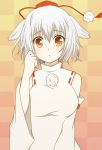  1girl animal_ears bare_shoulders blush breasts detached_sleeves hat highres inubashiri_momiji large_breasts looking_at_viewer open_mouth orange_eyes pom_pom_(clothes) shirt short_hair silver_hair solo tokin_hat touhou white_shirt wolf_ears 