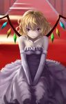  1girl alternate_costume blonde_hair breasts cleavage collarbone crying dress elbow_gloves expressionless flandre_scarlet gloves hallway hands_in_lap highres lips looking_at_viewer pale_skin red_eyes seiza short_hair sitting solo strapless_dress streaming_tears tears touhou wedding_dress wenhe wings 