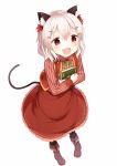  1girl :d animal_ears book book_hug bow dress hair_bow hair_ornament hairclip highres holding holding_book muku_(muku-coffee) object_hug open_mouth original red_dress red_eyes shiro_(muku) silver_hair smile solo tail white_background 