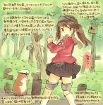  1girl admiral_(kantai_collection) artist_self-insert brown_eyes brown_hair colored_pencil_(medium) forest kantai_collection kirisawa_juuzou long_hair nature personification pleated_skirt ryuujou_(kantai_collection) skirt solo squirrel traditional_media translation_request twintails visor_cap 