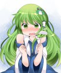  1girl bare_shoulders blush bust commentary_request detached_sleeves frog_hair_ornament green_eyes green_hair hair_ornament hair_tubes hammer_(sunset_beach) kochiya_sanae long_hair looking_at_viewer open_mouth skirt snake_hair_ornament solo tears touhou 