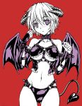  1girl blush breasts collar cuffs demon_girl demon_horns demon_tail demon_wings fish.boy highres horns looking_at_viewer navel partially_colored short_hair solo tail underboob violet_eyes wings 