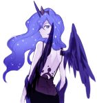  1girl back black_dress blue_eyes blue_hair crown dress feathered_wings frown horn long_hair looking_at_viewer looking_back luna_(my_little_pony) megarexetera my_little_pony my_little_pony_friendship_is_magic personification solo tattoo white_background wings 