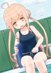  1girl gymno kantai_collection kickboard long_hair makigumo_(kantai_collection) one-piece_swimsuit open_mouth pink_hair pool school_swimsuit solo swimsuit tears water yellow_eyes 
