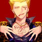  1boy blonde_hair earrings facial_mark fate/extra_ccc fate_(series) gilgamesh hair_up jewelry leopard_print lipstick makeup midriff momoayamo red_eyes solo 