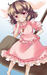  1girl :3 animal_ears carrot gradient gradient_background hammer highres inaba_tewi jewelry nanatsuhane necklace rabbit_ears simple_background smile solo tagme touhou 