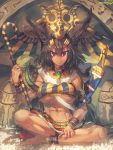  1girl abs animal_ears ankle_garter anklet artist_name barefoot black_hair breasts dark_skin egyptian hat highres indian_style jewelry khufu large_breasts long_hair looking_at_viewer navel original red_eyes sitting solo staff sword temmasa22 under_boob very_long_hair weapon wrist_cuffs 