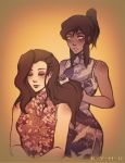  2girls alternate_costume asami_sato avatar:_the_last_airbender bangs bare_shoulders blush china_dress chinese_clothes closed_eyes dark_skin eyeshadow hair_brushing hair_tubes k-y-h-u korra legend_of_korra long_hair makeup multiple_girls ponytail sepia side_slit sweatdrop 