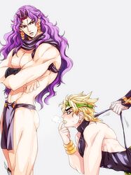  2boys blonde_hair cars_(jojo) dio_brando earrings gedoooo headband horns jewelry jojo_no_kimyou_na_bouken loincloth long_hair multiple_boys purple_hair red_eyes 