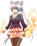  1girl alternate_costume black_legwear blazer bow burning_hand choker contemporary fire fujiwara_no_mokou hair_bow layered_skirt long_sleeves ponytail short_hair silver_hair simple_background solo thigh-highs touhou wendell white_background zettai_ryouiki 