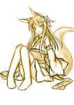  1girl animal_ears flower fox_ears fox_tail hair_flower hair_ornament hanami_shione long_hair looking_at_viewer monochrome original playjoe2005 simple_background sitting sketch smile solo tail white_background 