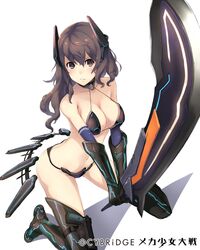  1girl bikini black_bikini black_legwear boots breasts brown_eyes brown_hair cleavage copyright_name frown gun hair_between_eyes headgear highres holster keypot kneeling long_hair looking_at_viewer mecha_shoujo_taisen_z navel official_art original simple_background solo swimsuit sword thigh_boots thighhighs watermark weapon white_background 