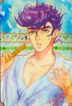  1boy bathrobe comb higashikata_jousuke jojo_no_kimyou_na_bouken messy_hair pompadour purple_hair sagi solo 