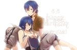  1boy 1girl ^_^ blue_hair book brown_eyes closed_eyes dual_persona english fire_emblem fire_emblem:_kakusei happy_birthday jacket mark_(fire_emblem) pants sitting smile spaghetti_strap tusia vertical_stripes 