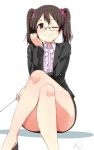  1girl alp black_hair crossed_legs glasses legs looking_at_viewer love_live!_school_idol_project office_lady one_eye_closed red_eyes scrunchie shiny_skin short_hair sitting solo thighs twintails wink yazawa_nico 