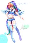  1girl ;d belt blue_legwear blush boots character_name crop_top crop_top_overhang feathered_wings full_body long_hair looking_at_viewer midriff multicolored_hair my_little_pony my_little_pony_friendship_is_magic navel one_eye_closed open_mouth personification ponytail rainbow_dash red_eyes sakurano_tsuyu shiny shiny_skin shirt short_sleeves shorts smile solo thigh-highs thigh_boots very_long_hair white_background wings wink 