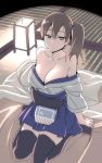  1girl bare_shoulders black_legwear breasts brown_eyes brown_hair cleavage hair_between_eyes hakama_skirt highres himura_kiseki kaga_(kantai_collection) kantai_collection large_breasts muneate side_ponytail sitting sketch solo tatami thighhighs yokozuwari 