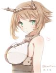  1girl body_blush breasts brown_hair bust green_eyes hiro_(hirohiro31) kantai_collection mutsu_(kantai_collection) personification short_hair simple_background solo white_background 