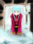  1girl blue_hair in_container in_refrigerator king_of_fighters kula_diamond long_hair looking_at_viewer red_eyes refrigerator sitting solo takon34 wariza 