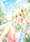  1girl blonde_hair cherry dress food fruit green_eyes highres insect_wings legs long_hair original sky smile solo tiphereth twintails wings 