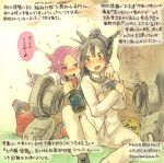  2girls alternate_costume black_hair bottle breasts cherry_blossoms colored_pencil_(medium) crossdressinging drunk gloves hand_on_another&#039;s_shoulder headgear jun&#039;you_(kantai_collection) kantai_collection kirisawa_juuzou long_hair looking_at_another multiple_girls nagato_(kantai_collection) personification purple_hair red_eyes sake_bottle school_uniform traditional_media translated violet_eyes 