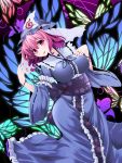  1girl blue_dress blush breasts butterfly dress fingernails frills hat highres japanese_clothes kimono large_breasts long_sleeves looking_at_viewer open_mouth pink_eyes pink_hair pink_nails rihito_(usazukin) saigyouji_yuyuko sharp_fingernails short_hair smile solo touhou 