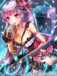  1girl amplifier character_request dress esphy grey_hair guitar hen-shin-shou-jo_metamol_maiden instrument long_hair looking_at_viewer microphone microphone_stand open_mouth pink_eyes ponytail smile solo thigh-highs 